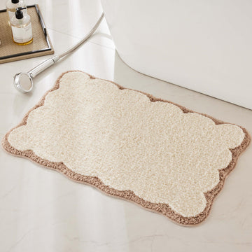 Luxury Microfiber Bathroom Rugs, Beige Sand Scalloped Bath Rug Boho Farmhouse Cute Aesthetic Preppy Bath Mat, Tub