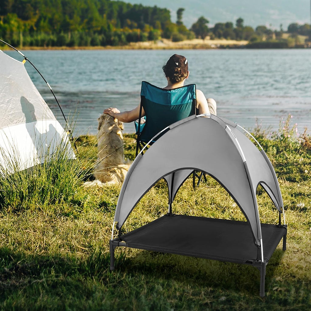 Outdoor Dog Bed with Canopy, Elevated Cot, Up to 100 lb, Gray