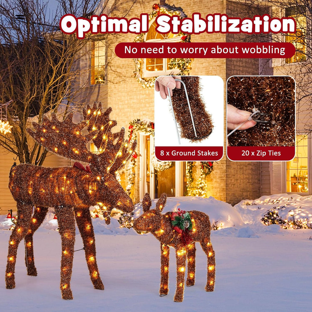 2-Piece 3D Lighted Christmas Moose Family Set, Pre-Lit Deer Xmas Decoration with LED Lights, Ground Stakes and Zip