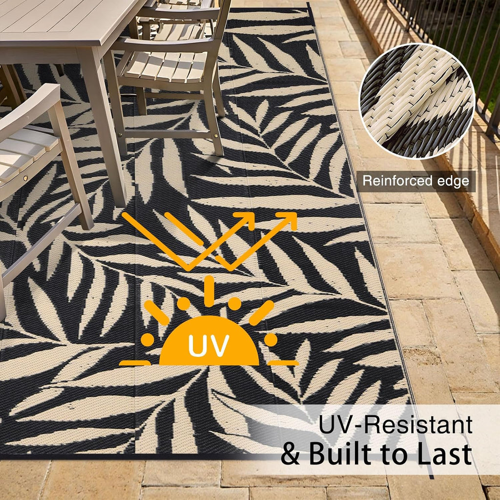 Outdoor Rug Waterproof Reversible Leaf Mat, Black & Beige