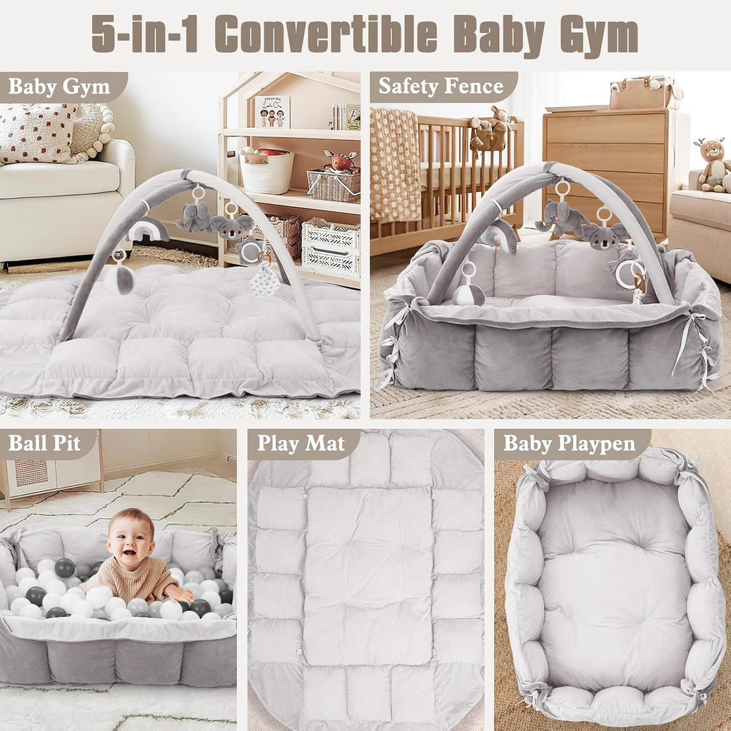 In-1 Plush Baby Play Gym, Baby Play Mats, Convertible Baby Gym, Tummy time mat, 6 Sensory Toys, Activity Center