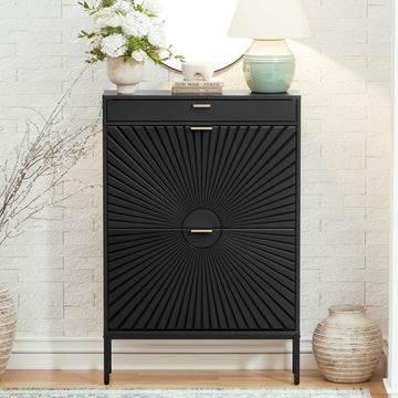 Shoe Cabinet with Sun Pattern Doors, Modern 2 Flip Drawer Entryway Shoe Organizer, Hidden Shoe Rack with Small Drawer