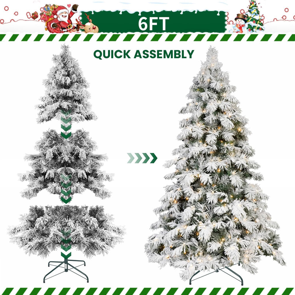 Prelit Flocked Christmas Tree, Premium Artificial Christmas Tree with 594 Branch Tips and 270 Warm White Lights