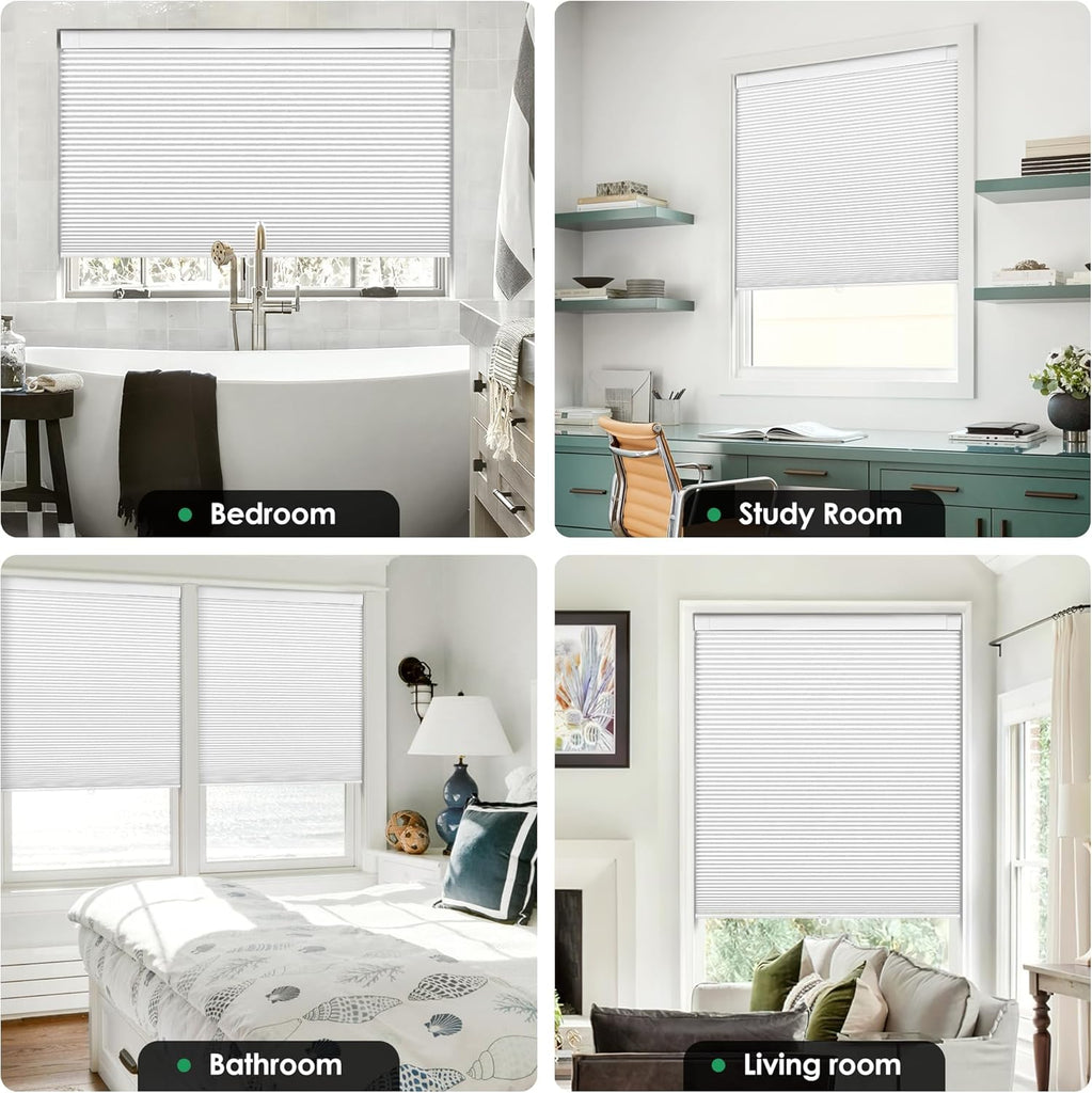 No Drill Cordless Cellular Shades, White | Blackout Fabric Protects Privacy, With Thermal Insulation & Noise