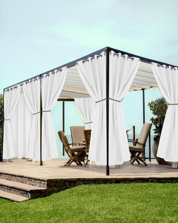 White Grommet Outdoor Curtains Waterproof 8 Pcs 54x84 In | Weatherproof Balcony Outside Curtains, Poolside Privacy