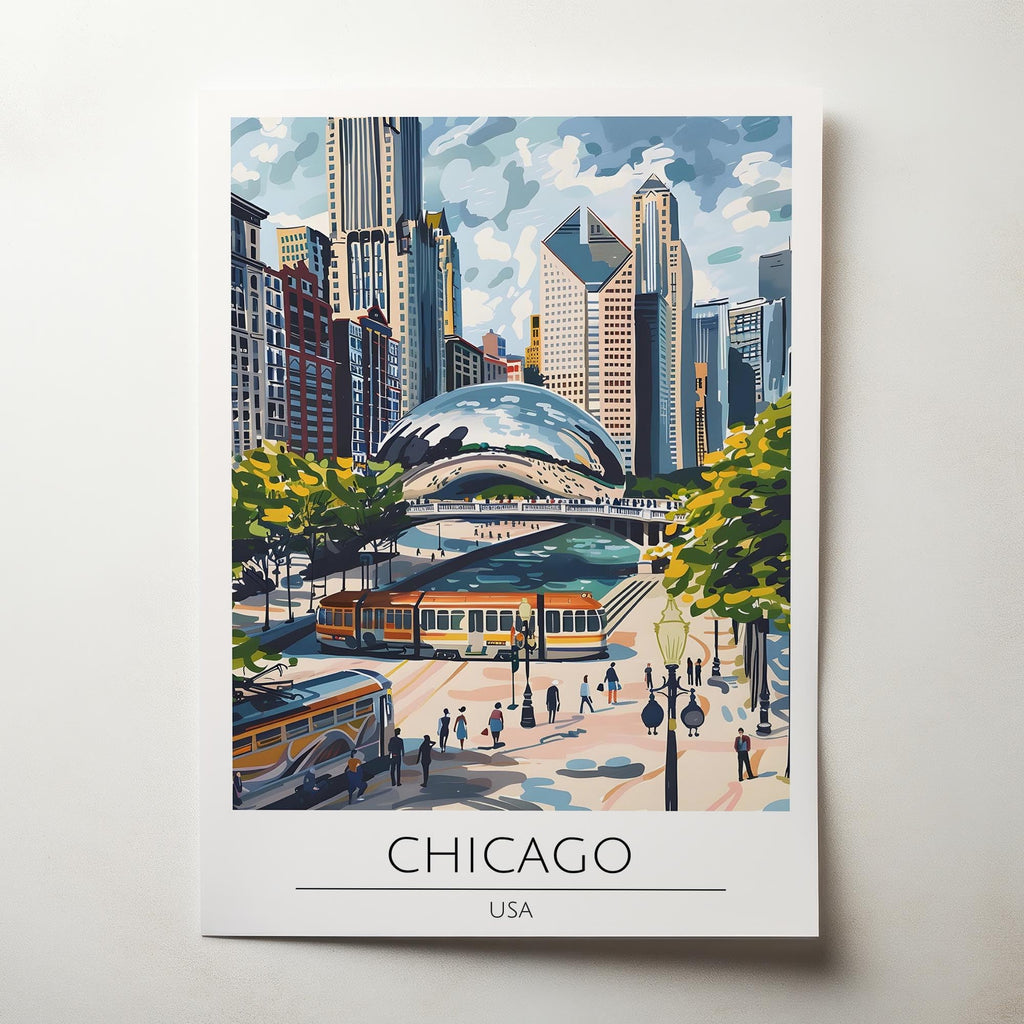Chicago Travel Poster, Premium Giclee Fine Prints - Modern Watercolor Aesthetic Wall Decoration, Eclectic Trendy Boho