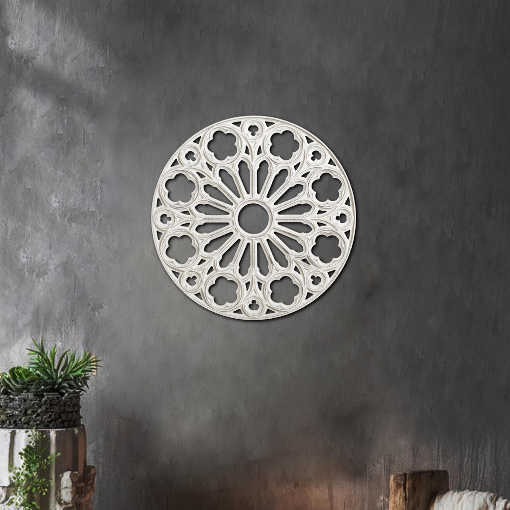Round Hand-Carved Wood Wall Art, Floral Geometric Design, 16 Inch