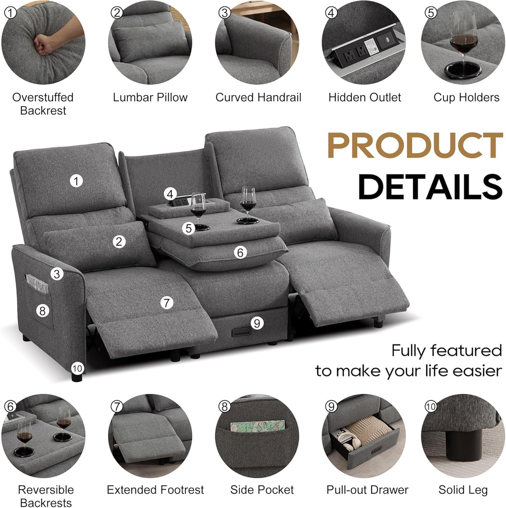 74'' RV 3 Seater Recliner Sofa, Linen Fabric Three Camper Couch 3 Seater Recliner