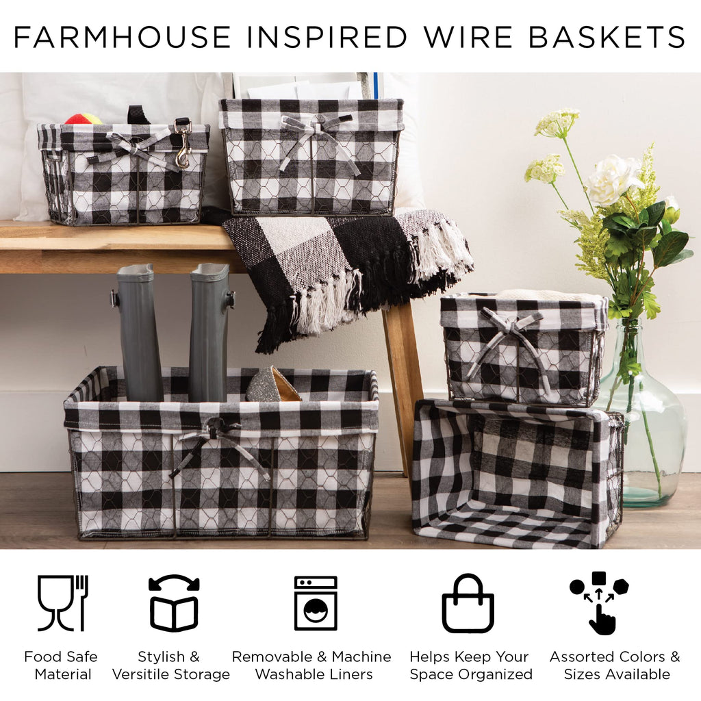 Farmhouse Chicken Wire Storage Baskets with Liner, Set of 5, Rustic Ticking Stripe, Assorted Sizes