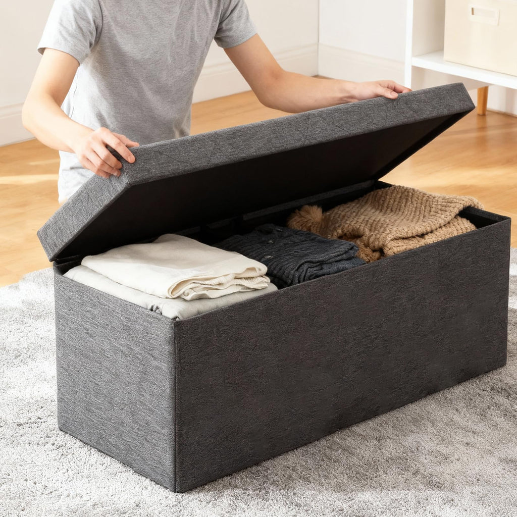 43 Inches Ottoman with Storage, Folding Storage Ottoman Bench Set, Storage Chest, Support, Grey