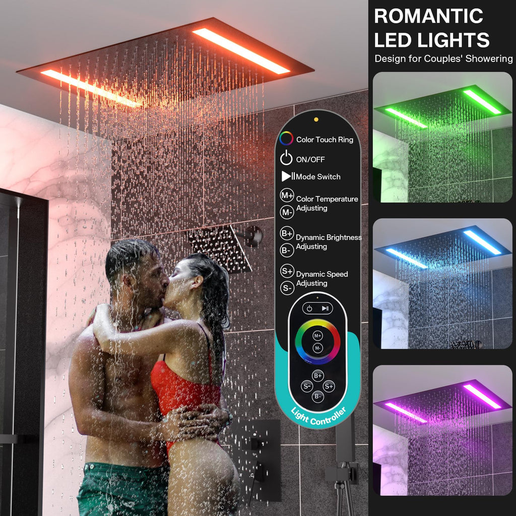 Dual Rain LED Shower System, 14"x20" Large Shower Head + 6" Wall Shower, 4 Body Jets with Individual On/Off &