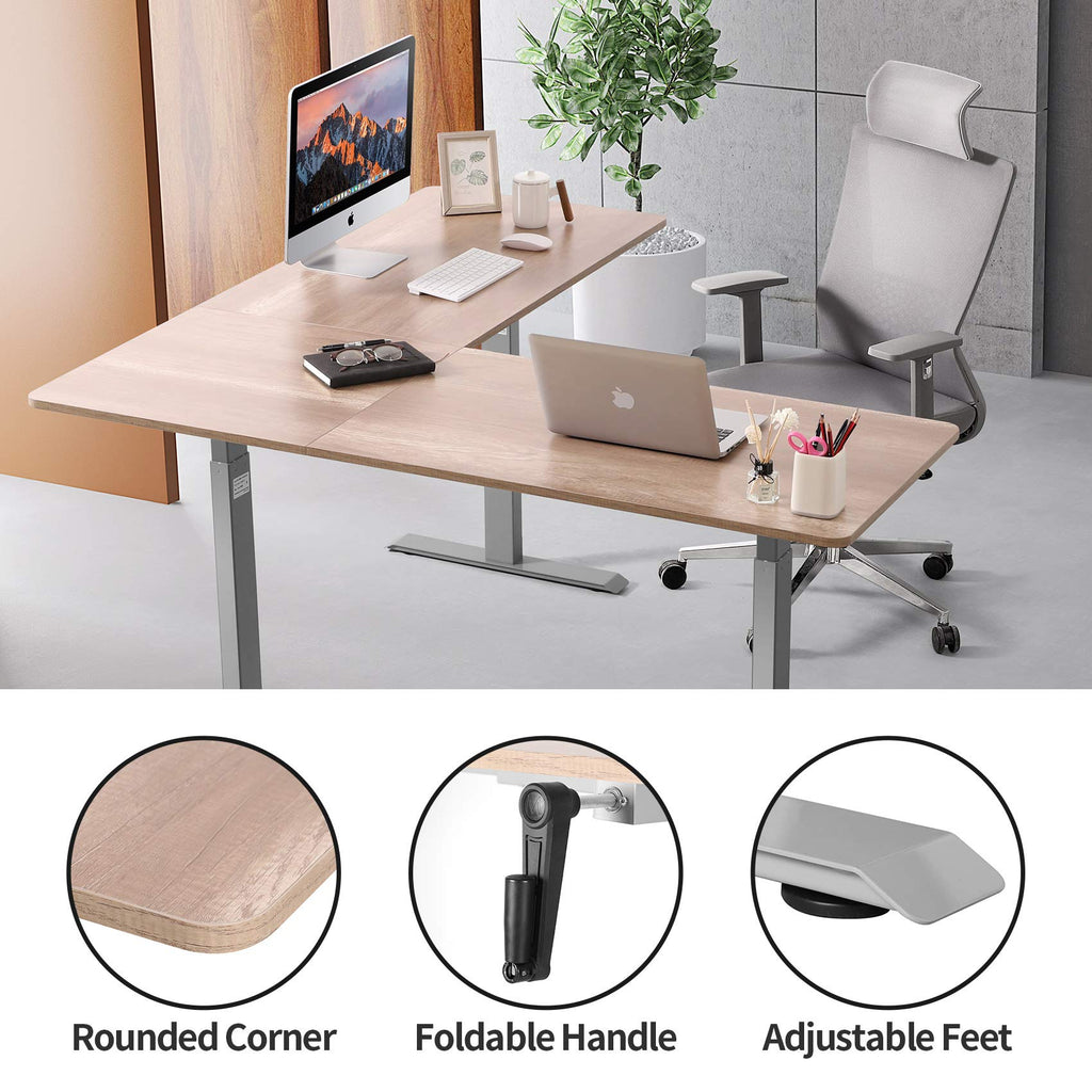 L Shaped Standing Desk, Manual Hand Crank Height Adjustable Corner Desk