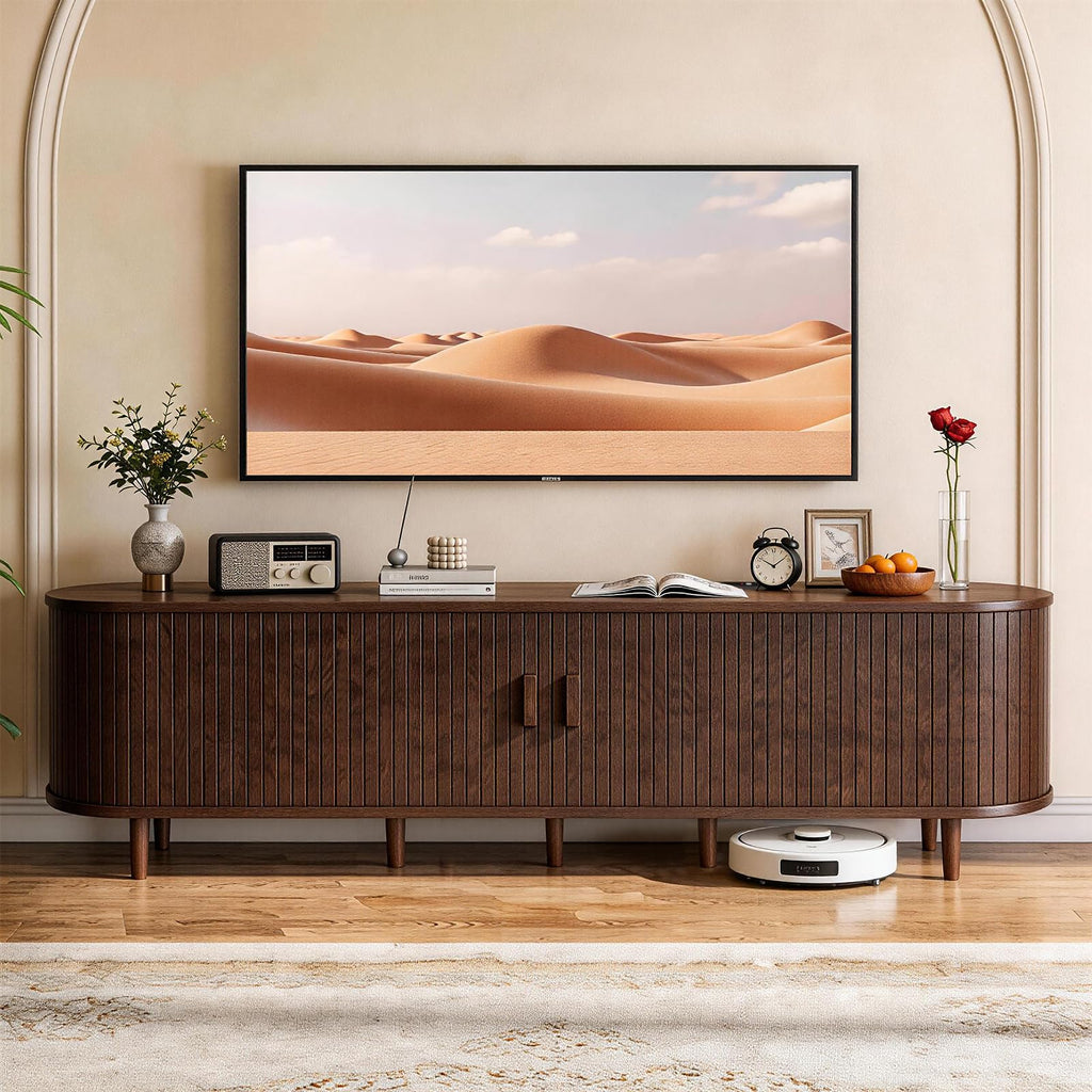 90" Mid Century Modern TV Stand with Power Outlet, Fluted Entertainment Center with Storage and Adjustable Shelves