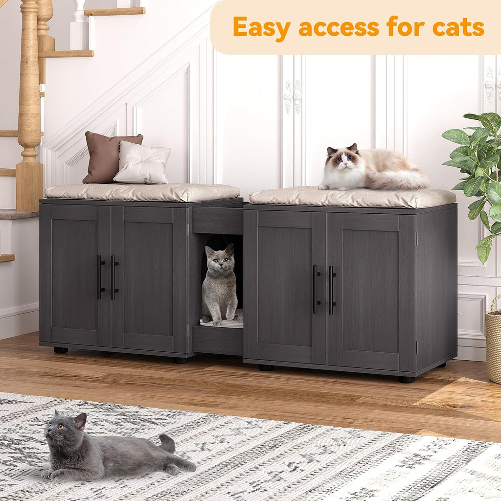 Cat Litter Box Enclosure for 2 Cats, 55" Hiddden Litter Box Enclosure Furniture 3-in-1 Wooden Litter Cabinet