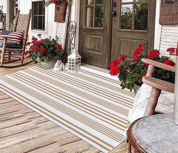 3'x 5'Outdoor Rug, Khaki White Striped Front Porch Mat Indoor Area Rug