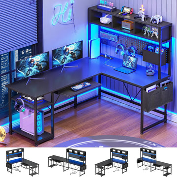 L Shaped Gaming Desk with Hutch, 57.5" Reversible Corner Computer Desk with Storage Shelves, Gaming Desk with