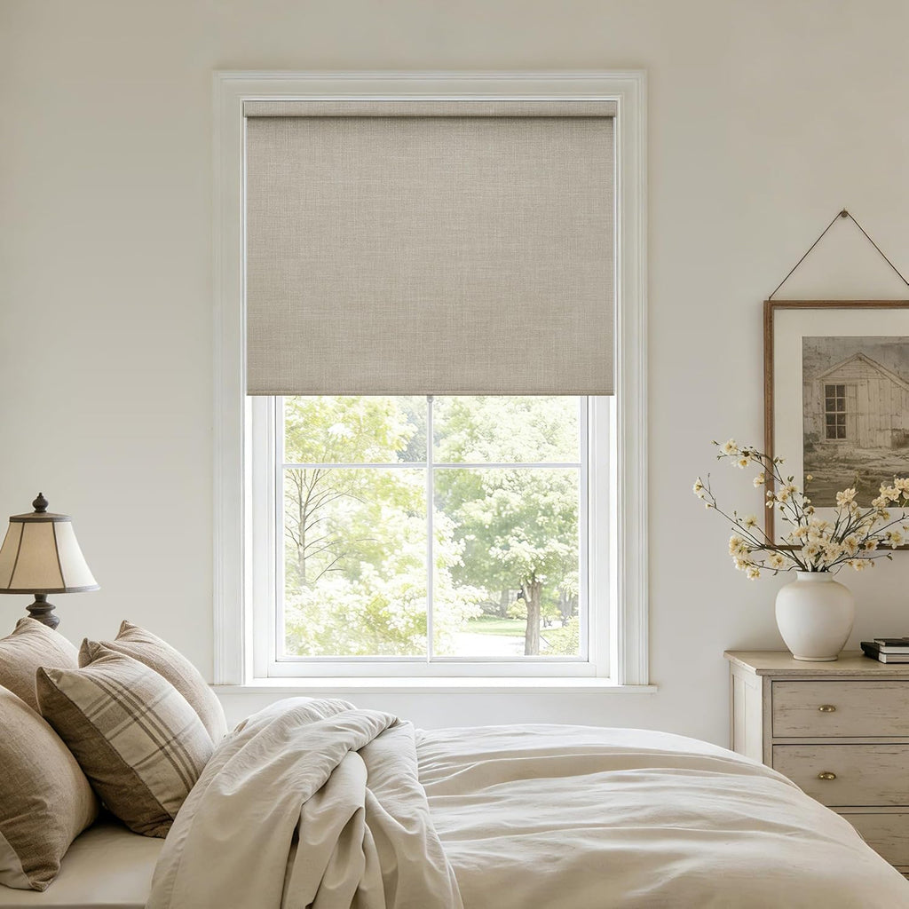 Blackout Roller Shades for Bedroom Window Cordless Free-Stop Blinds with Valance UV Protection 100% Black Out Linen