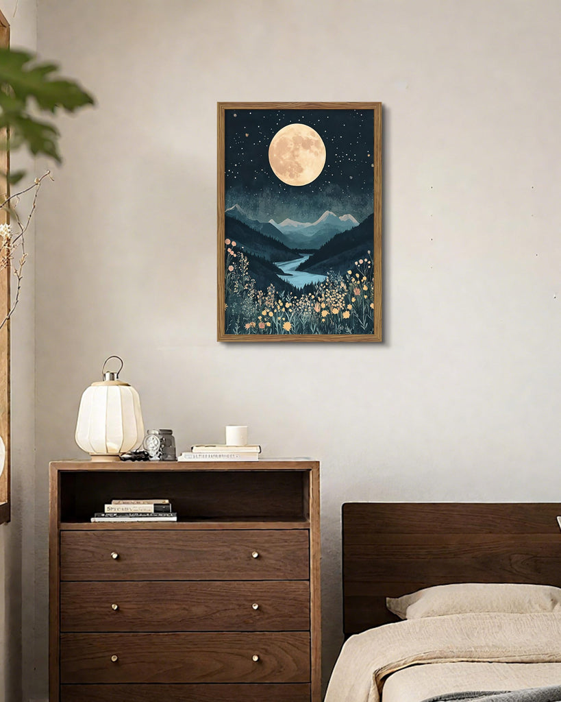 Framed Moonlight Mountain Landscape Canvas Wall Art, Vintage Nature Aesthetic Wall Decor Painting, Full Moon Night