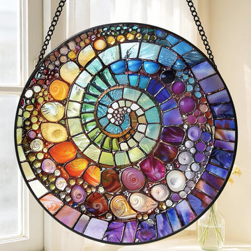 Shell Spiral Suncatcher, Coastal Beach Stained Glass Window Hanging, 8 Inch Indoor Outdoor Garden Sun Catchers, Sea Art