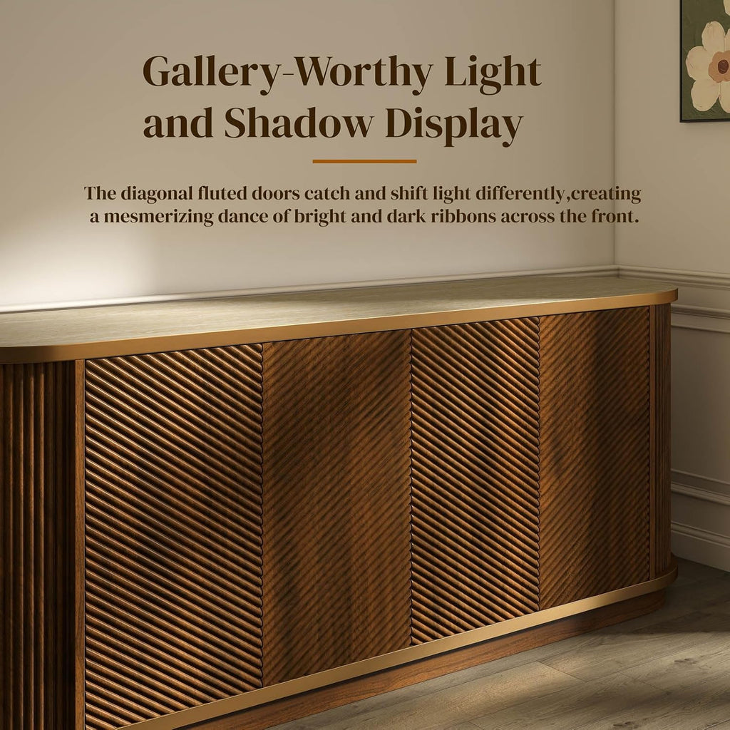 Sideboard Buffet Cabinet with Storage,Mid Century Modern Credenza,Walnut | Faux Marble Top,Diagonal Fluted