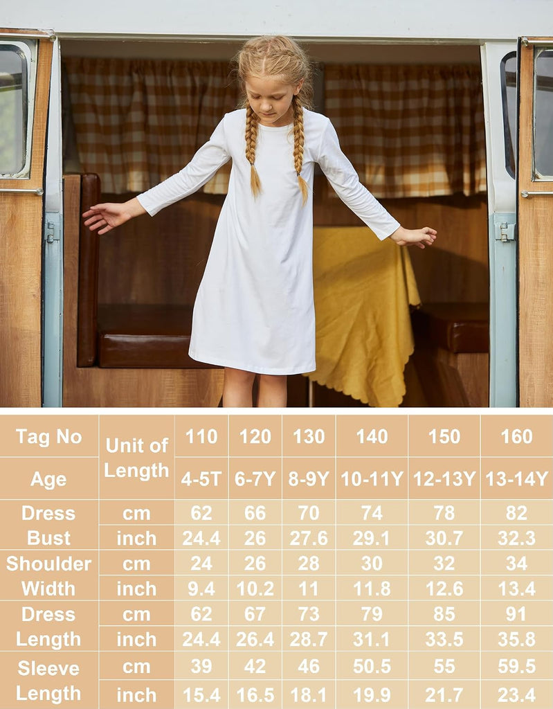 Girls Dress Kids Long Sleeve Solid Color Casual T-Shirt Dress