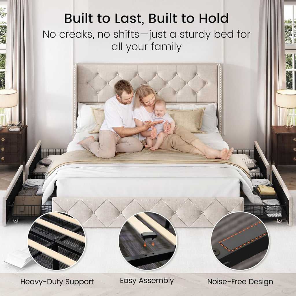 Queen Bed Frame with 4 Storage Drawers and 47.2" Tall Tufted Headboard Linen Upholstered Platform Bed Frame Wingback