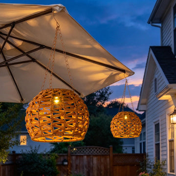 Solar Hanging Lanterns Outdoor Waterproof, 2 Pack Solar Chandelier Outdoor with 7.75in Boho Rattan Lantern, Hanging