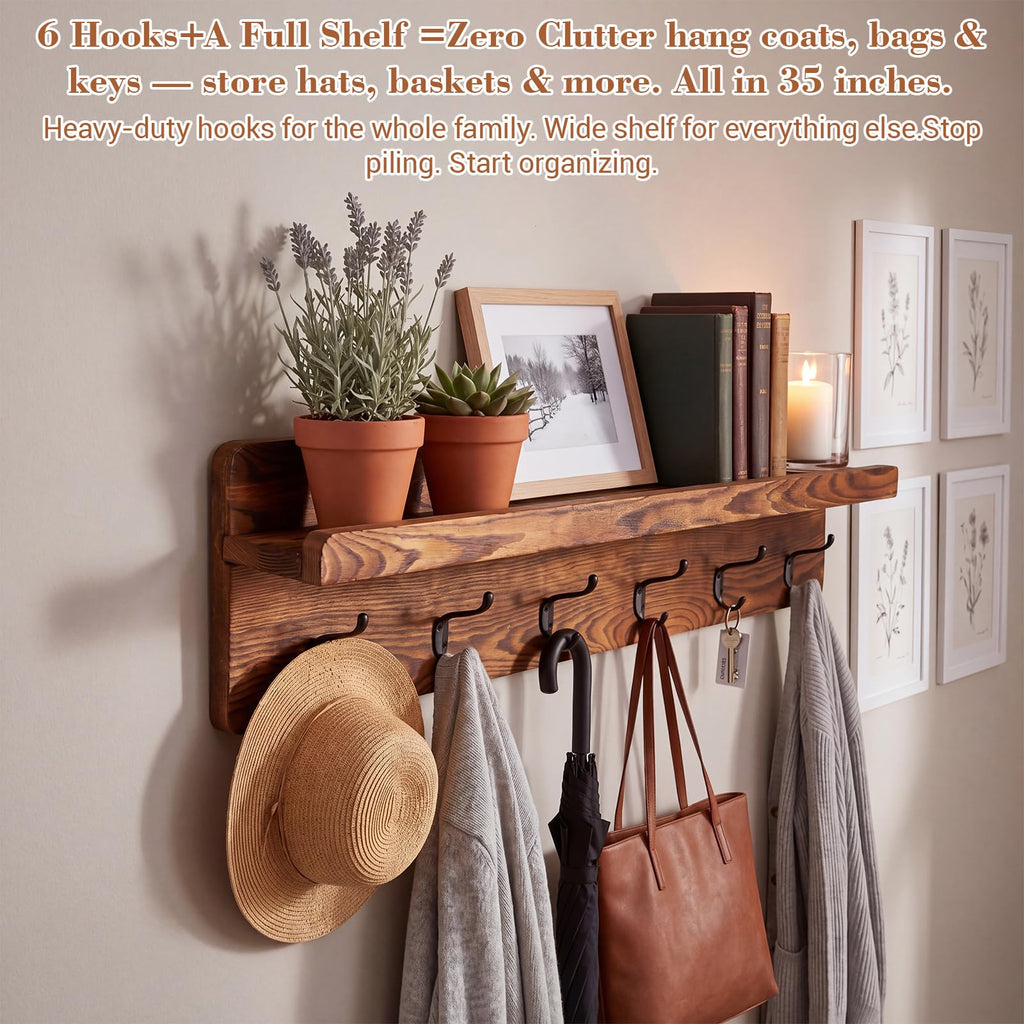 35 Inch Wall Shelf with Hooks and Shelf Organizer Wall Mount Coat Rack with 6 Hooks for Hanging