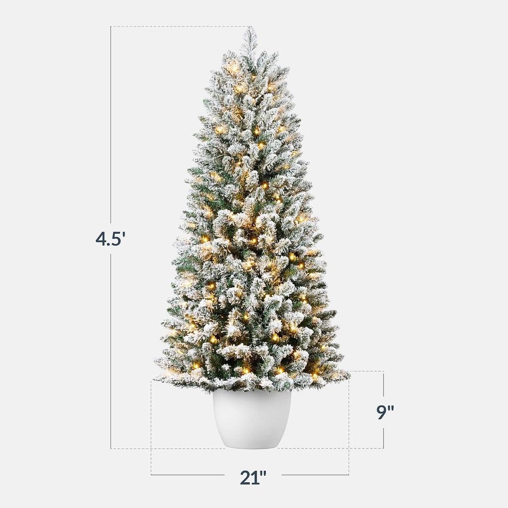Prelit Potted Flocked Pencil Christmas Tree, 4.5Ft Artificial Lighted Holiday Décor, 175 Twinkling LEDs , Front Porch