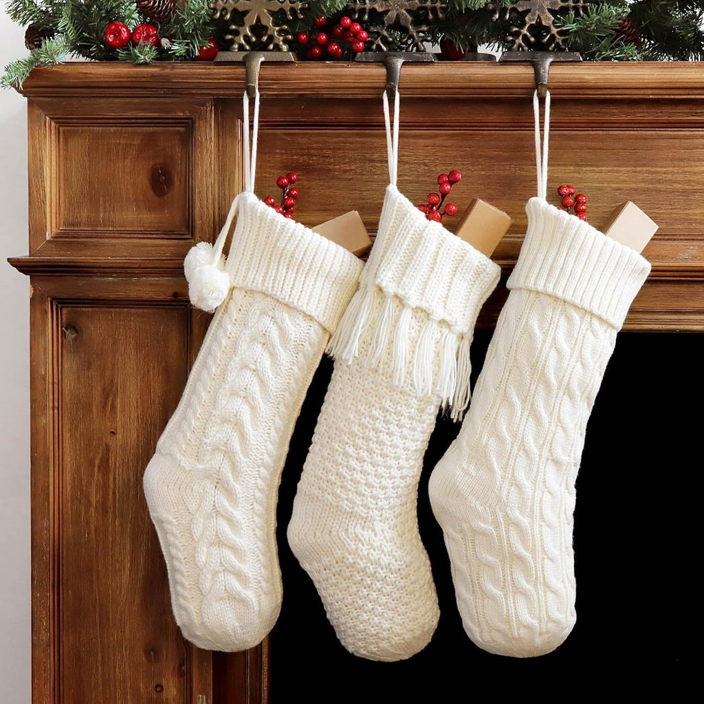Cable Knit, 3 Pack 18 inches White Large Size Knitted Stockings, Rustic Christmas Ornaments Farmhouse Boho Style - Set of 3