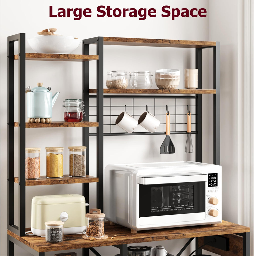 Bakers Rack with Power Outlets, 7-Tier Microwave Stand with 2 Wire Basket, 35.4 in Industrial Coffee Bar Station