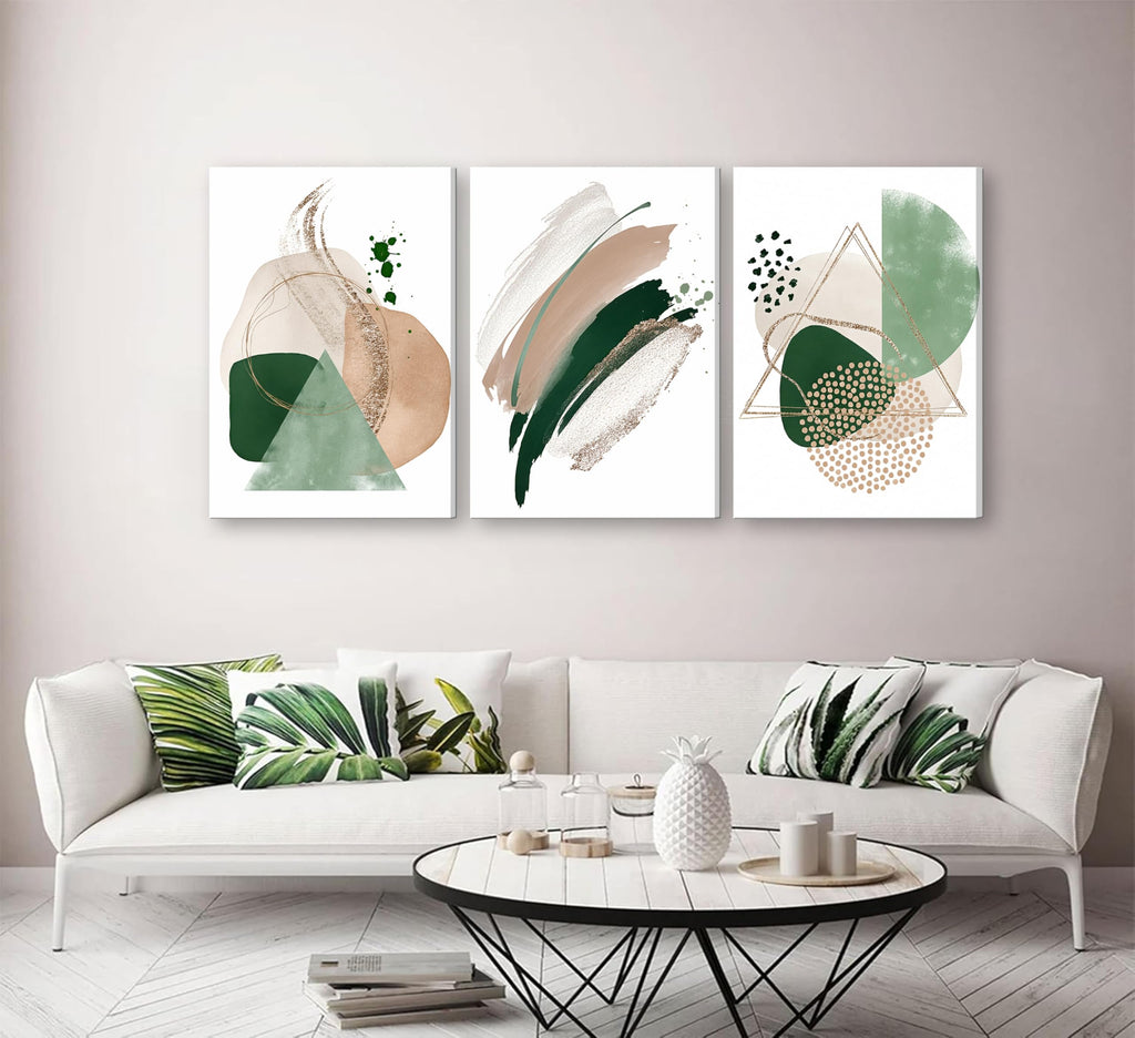3Pcs Framed Sage Green Minimalist Geometric Abstract Wall Art