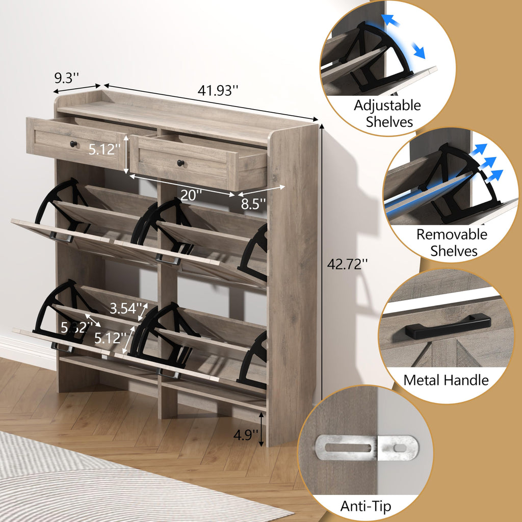 Shoe Cabinet with 4 Flip Drawers & 2 Storage Drawers, Rustic Farmhouse Narrow Shoe Organizer Cabinet, Slim Shoe Rack