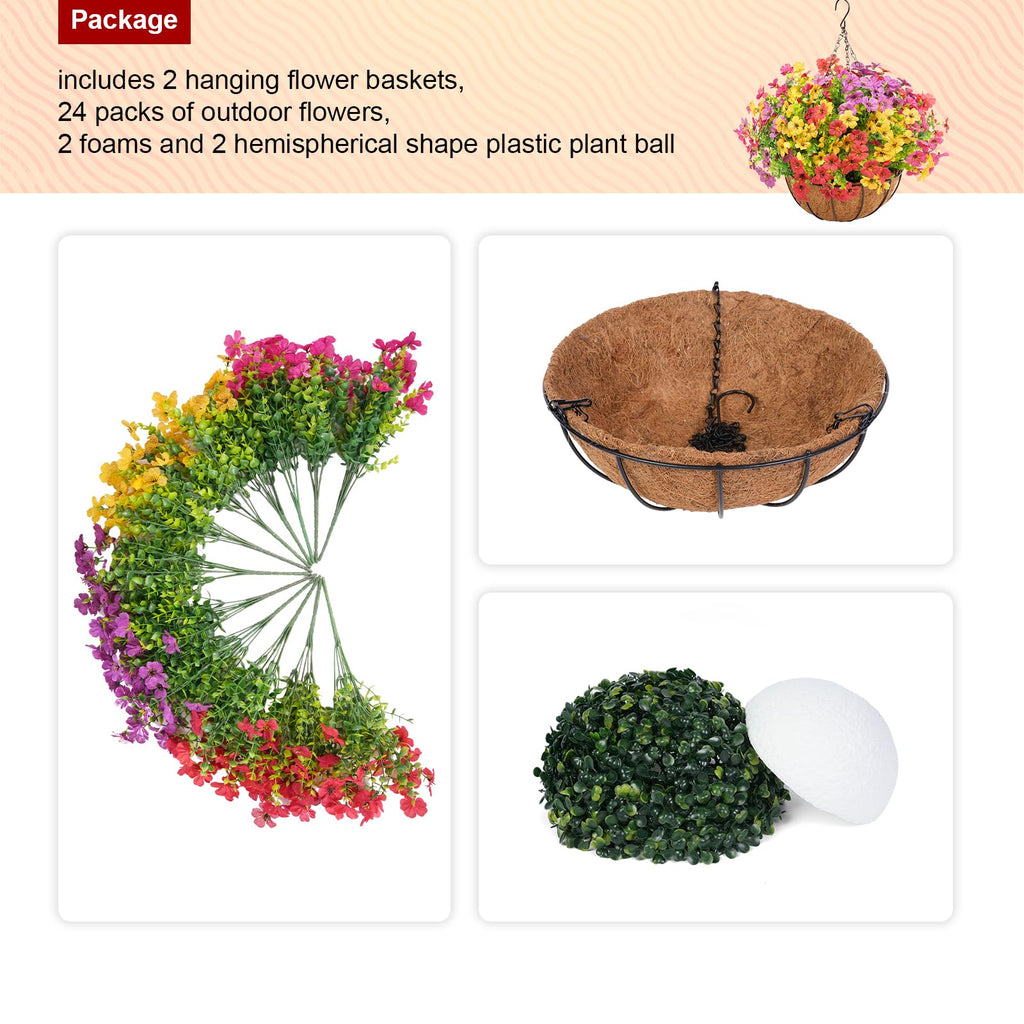 2 Set Artificial Flowers Faux Hanging Plants Basket for Spring Summer Outdoor Outside Decoration, Fake Silk UV Sun