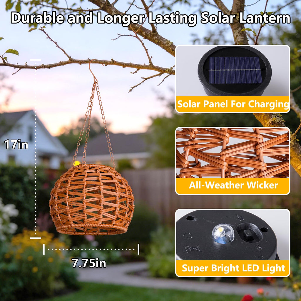 Solar Hanging Lanterns Outdoor Waterproof, 2 Pack Solar Chandelier Outdoor with 7.75in Boho Rattan Lantern, Hanging