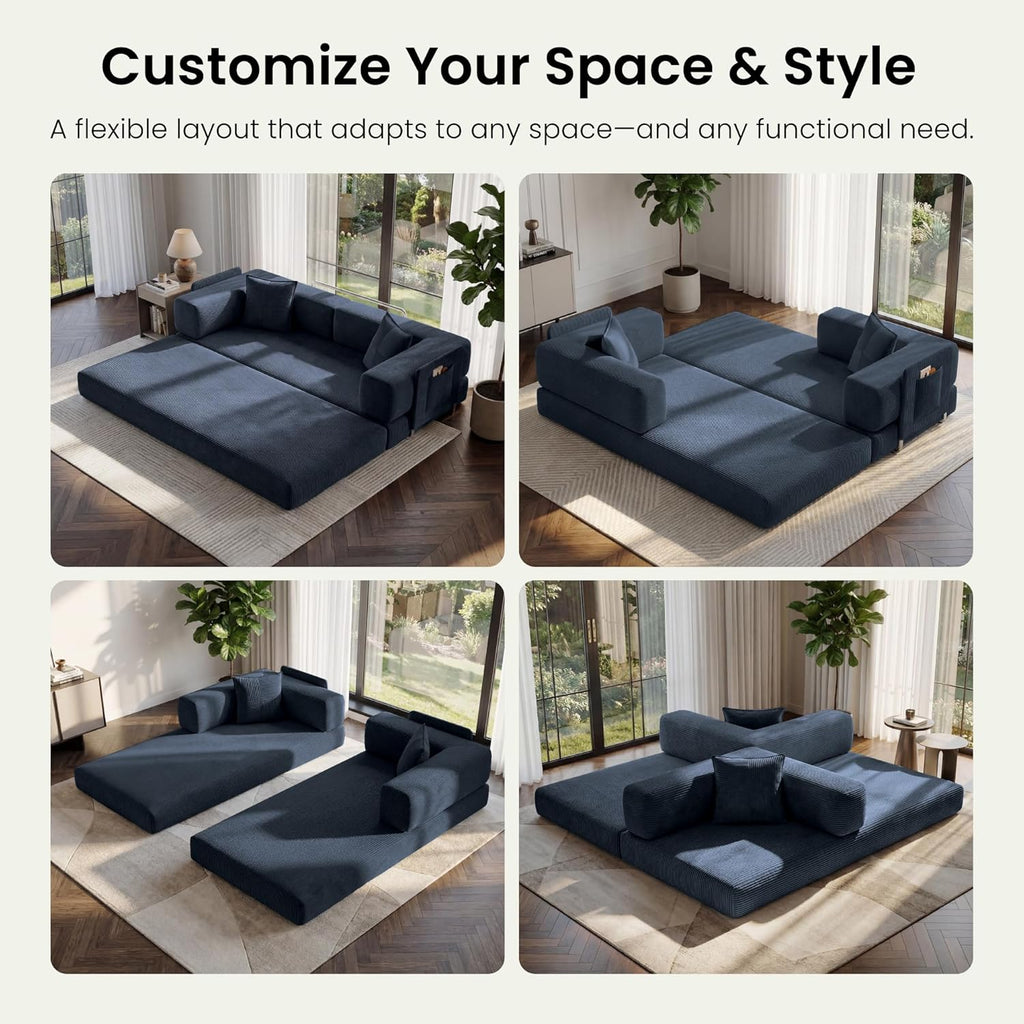 78.8" Convertible Futon Sofa Bed, Boneless Couch | Corduroy Boneless Loveseat Sleeper Sofa, Modular Futon Couch with
