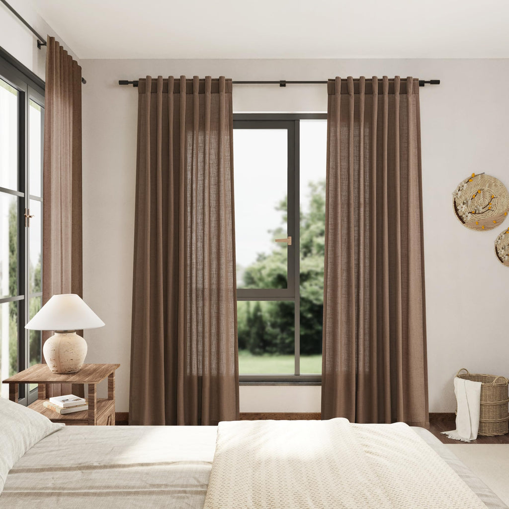 Caramel Brown Linen Curtains 120 Inch Extra Long Back Tab Light Filtering Semi Sheer Drapes Modern Farmhouse Decor