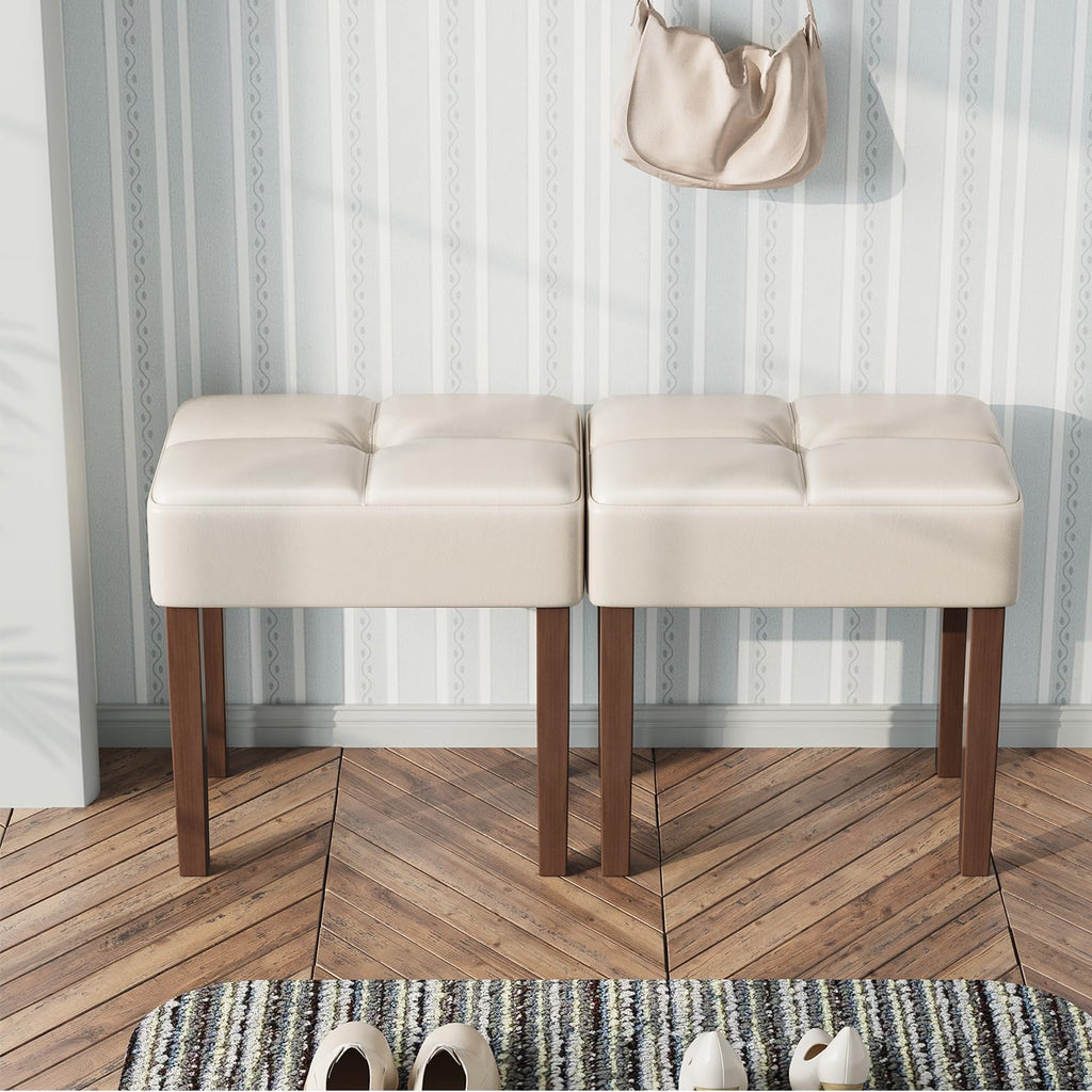 Two Leather Vanity Stool, 18.7 Inch Wide Rectangle Ottoman Bench for Makeup Room, A Set Vanity Chair with Wood Legs