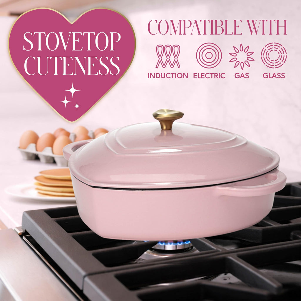 Enameled Cast Iron Braiser, Heart-Shaped Skillet with Lid, Superior Heat Retention Casserole, Stovetop