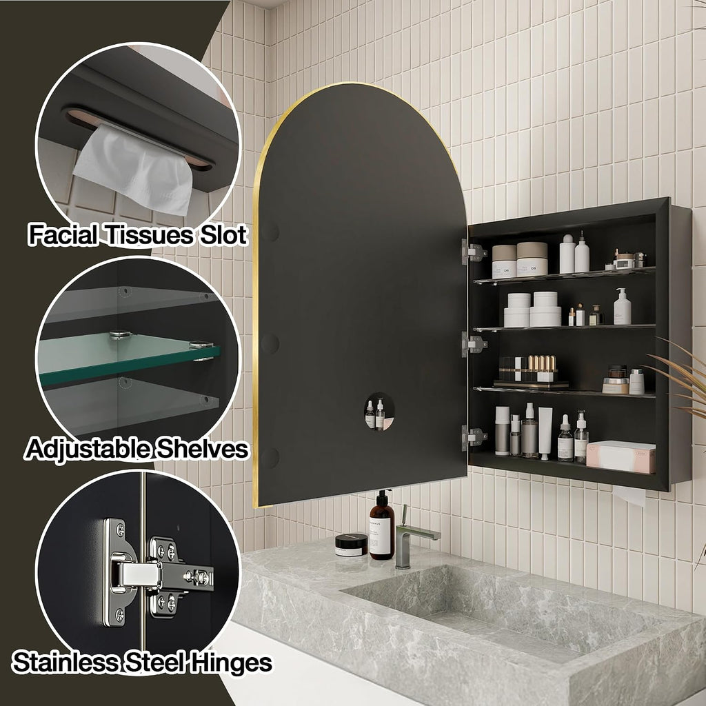 Arched Medicine Cabinet Mirror No Assembly Needed Bathroom Mirror with Storage Recessed or Surface Mount Options