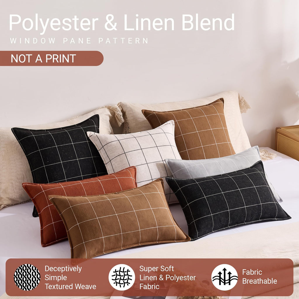 Terracotta Rust Plaid Boho Linen Woven Throw Pillow Covers 20x20 Set of 2