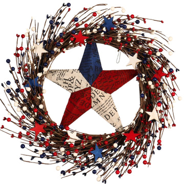 22IN Artifical Patriotic Wreath 4 of July Wreath with Berry, Star for Front Door Wall Decor Indoor Outdoor
