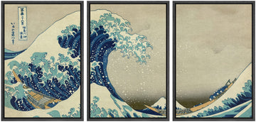 Framed Canvas Print Wall Art Set The Great Wave Off Kanagawa by Hokusai Cultural Historic Oil Painting Fine Art