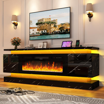 71" Fireplace Marble Tv Stand W/40 Fireplace, 2 Led Light TV Consoles Stand for 85 inch TVs, Modern High Gloss Electric
