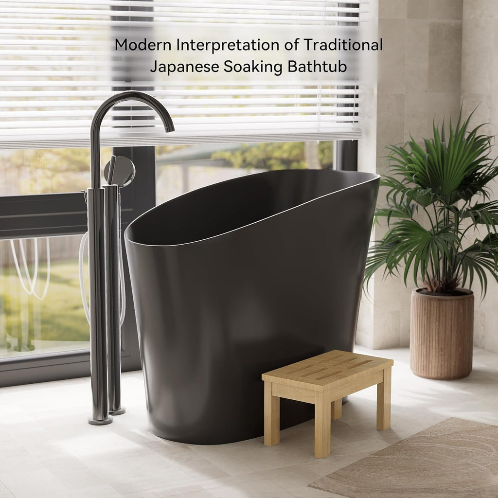 Japanese Bathtub,47" Freestanding Japanese Soaking Tub, Black Stone Resin Deep Tub with Built-in Seat, Modern Oval
