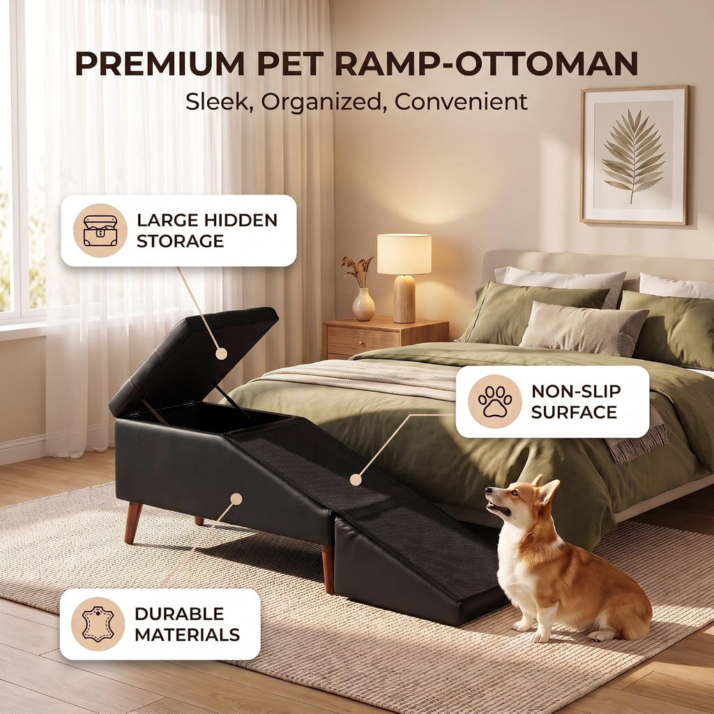2-in-1 Dog Ramp & Ottoman - Foldable Dog Steps for Couch and Bed with Hidden Storage, 20.4" H Non-Slip Wooden Pet