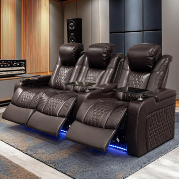 Home Theater Seating,Top-Grain Leather Recliner Sofa, Zero Gravity Power Reclining Couch with Ambient LED Lights