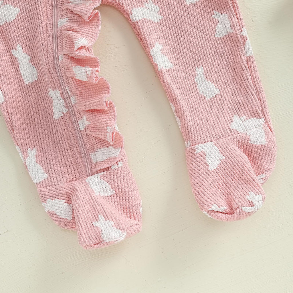 My First Easter Baby Girl Boy Outfit Footie Romper Waffle Knit Zipper Onesie Jumpsuit Newborn Easter Clothes (Pink