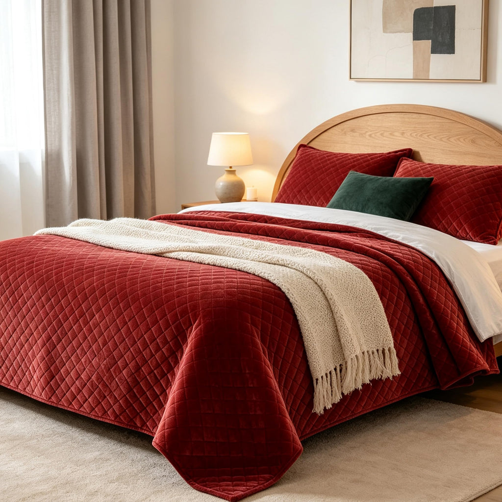 Oversized King Quilt 120x120 Velvet Red Bedspread Set