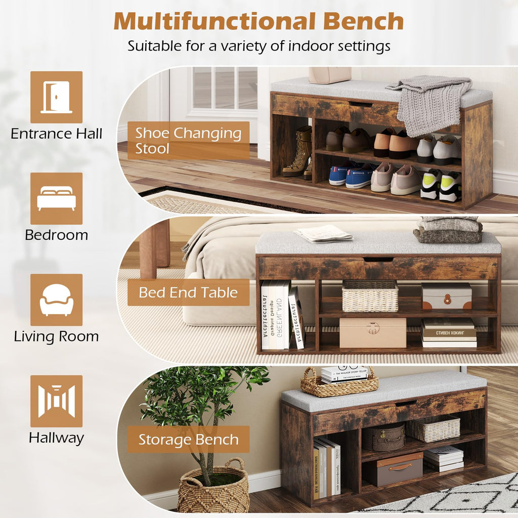 41 Inches Shoe Storage Bench, 3 Tier Shoe Rack Organizer w/Flip-Top & Padded Seat Cushion, Shoes Rack w/Hidden